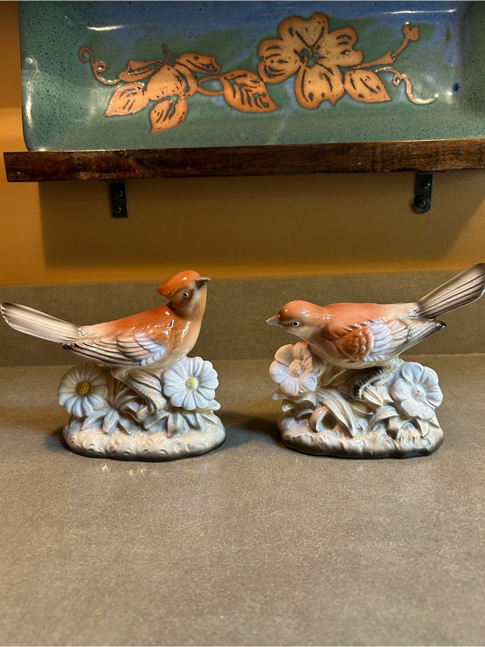 Pair of Ceramic Bird Figurines in Peach and Cream